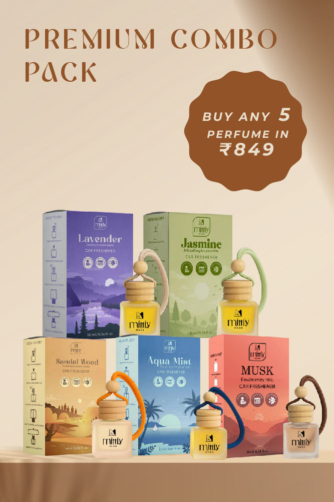 Perfume combo pack with packaging and bottles on a beige background, featuring promotional text.